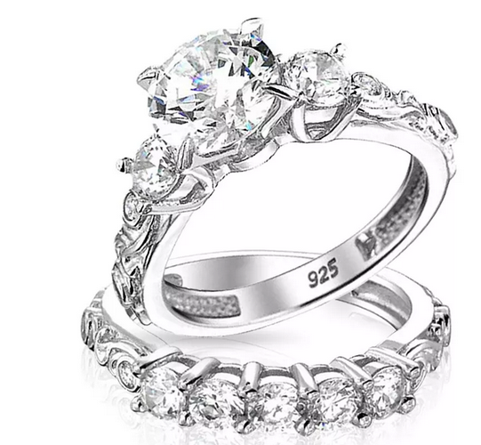 925 Silver CZ Engagement Wedding Bridal Ring Sets 2pcs
