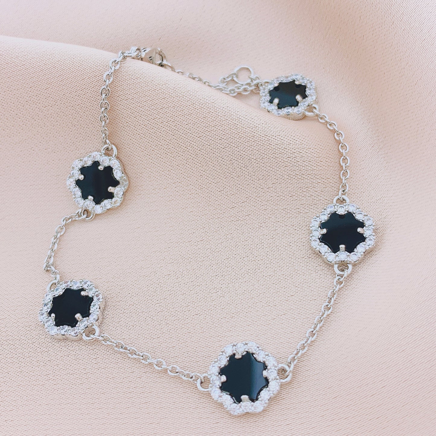 Women's Fashion CZ Black Onyx Shamrock Clover Bracelet
