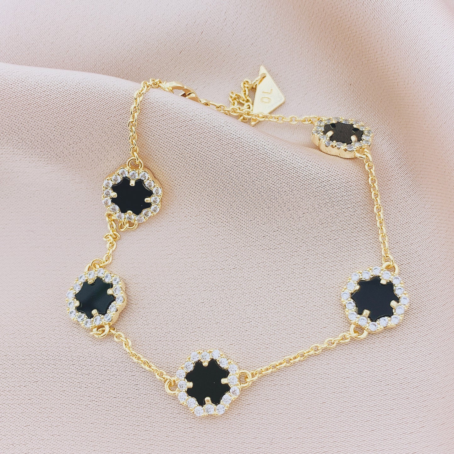 Women's Fashion CZ Black Onyx Shamrock Clover Bracelet
