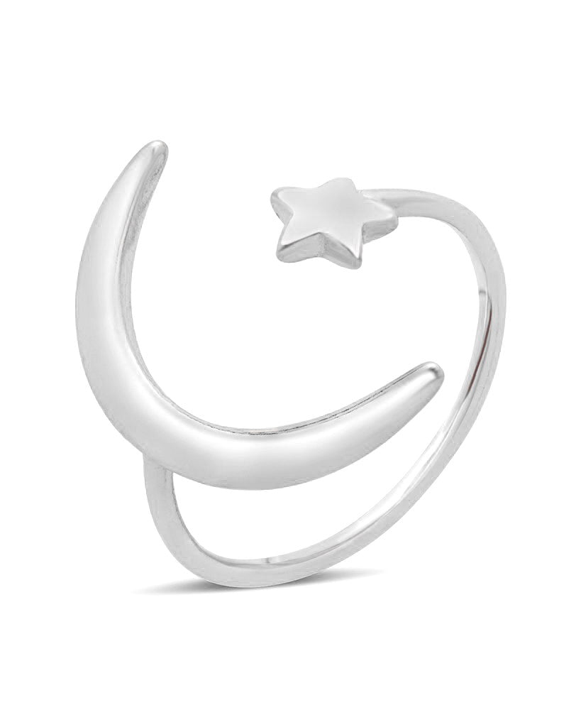 925 Silver Crecent Moon Star Ring