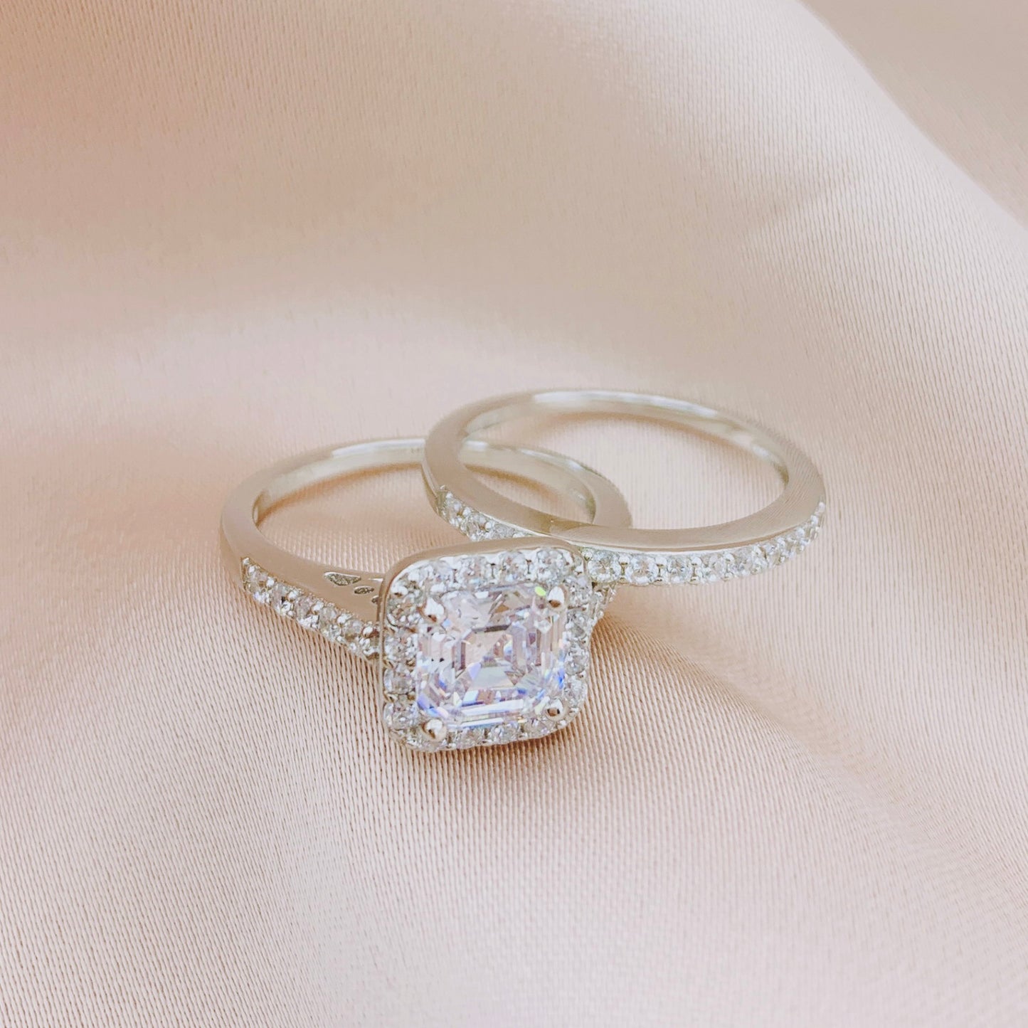 925 Silver CZ Engagement Wedding Bridal Ring Sets 2pcs