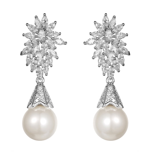 Women's Fashion CZ Bridal Wedding Pearl Earring