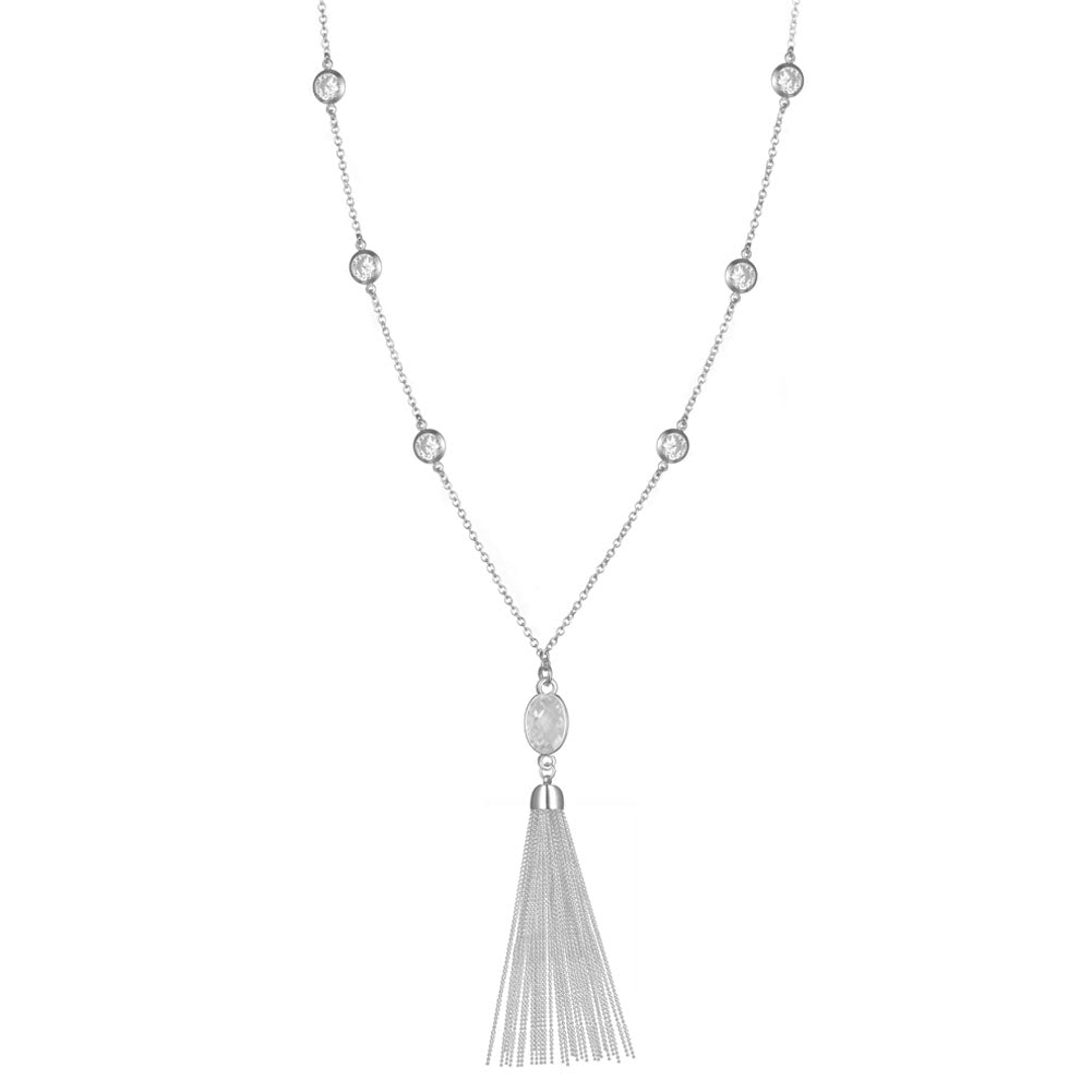 925 Silver CZ Tassel Long Necklace