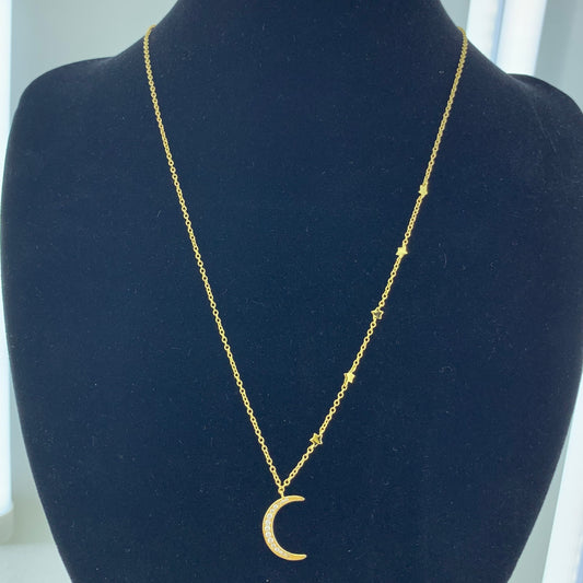 925 Silver CZ Crescent Moon Star Necklace