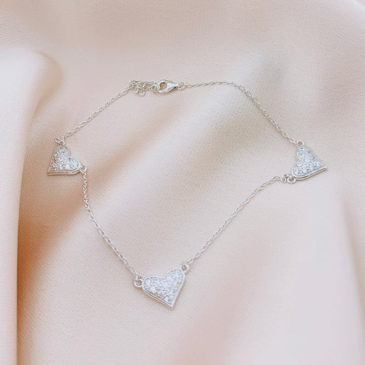 925 Silver Heart CZ Anklet