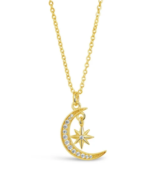 Women's Fashion CZ Crescent Moon Starburst Pendant Necklace