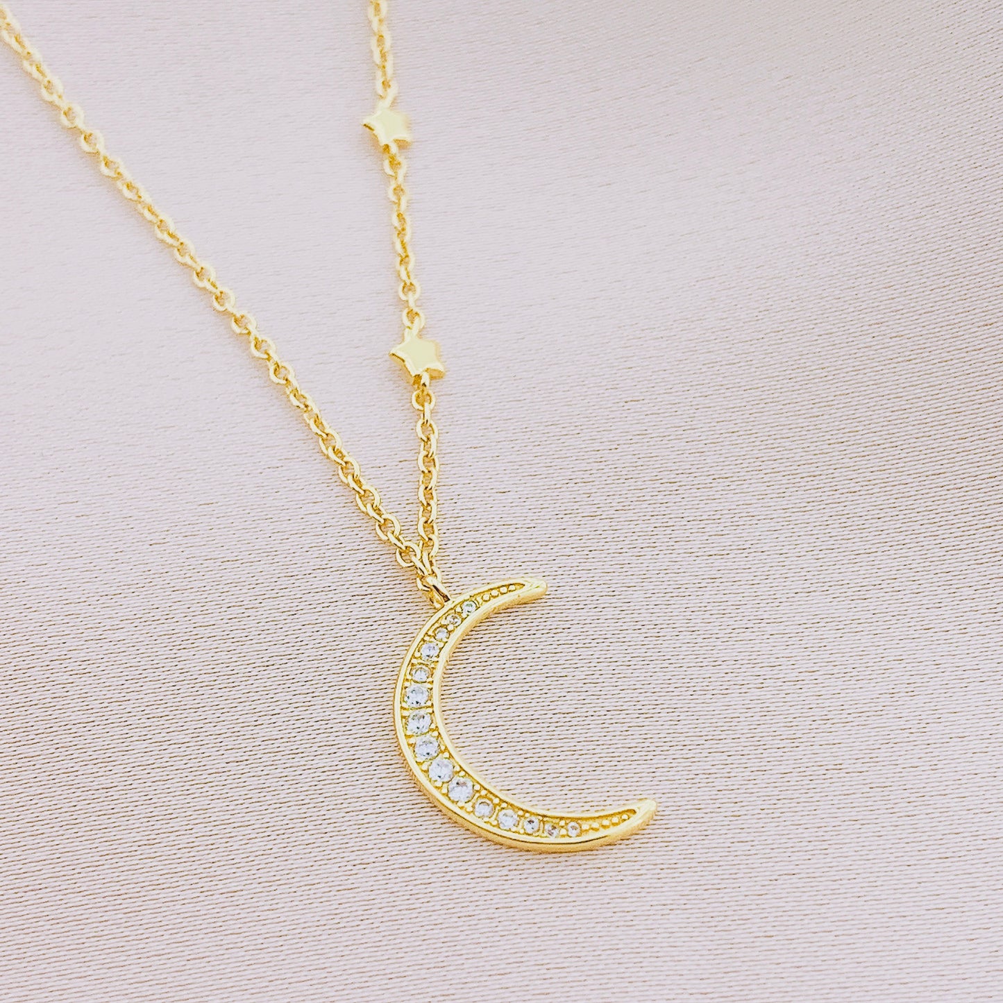 925 Silver CZ Crescent Moon Star Necklace